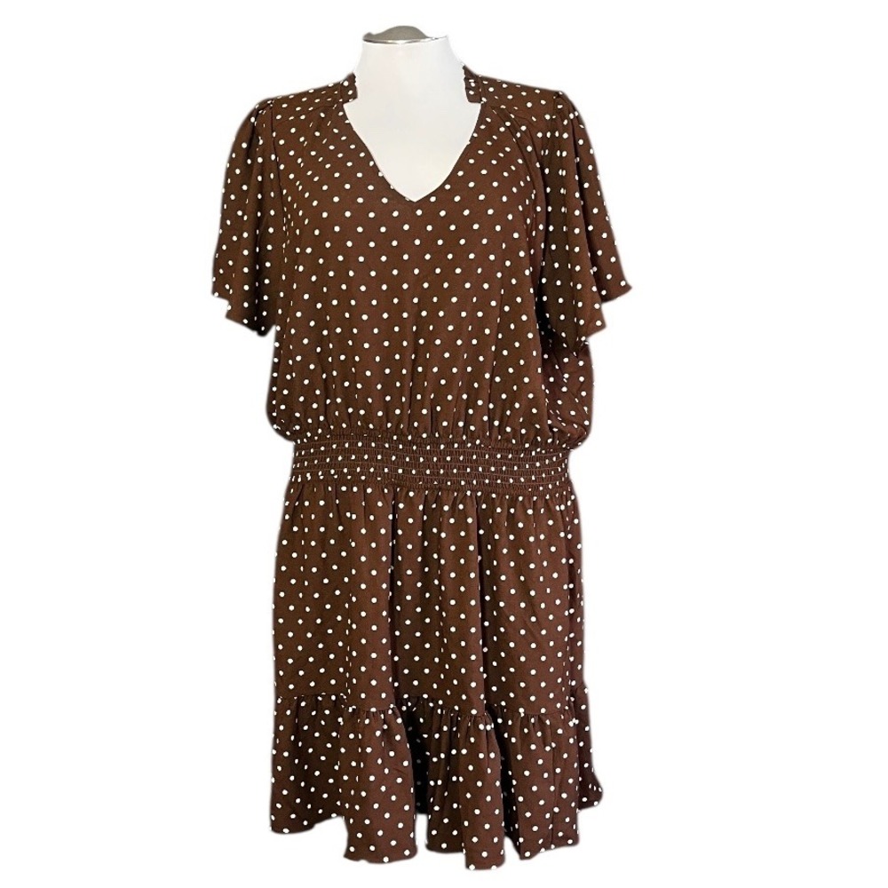 Draper James Brown Polka Dot Tiered Ruffle V Neck Smocked‎ Waist Midi Dress 2X